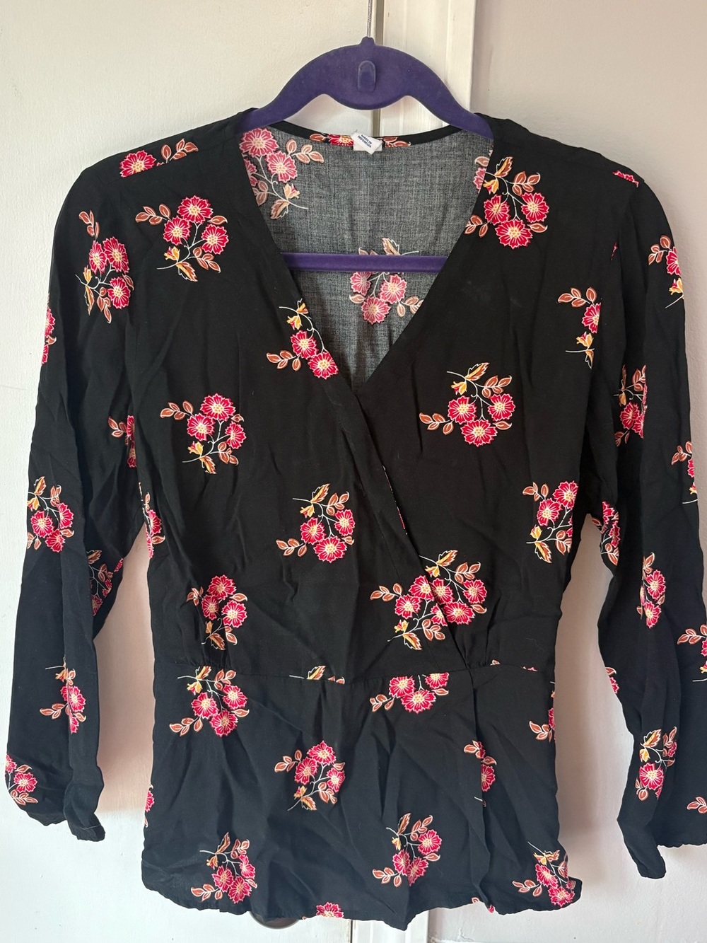 Old Navy Black Floral Wrap-Style Blouse with Pink Blossoms